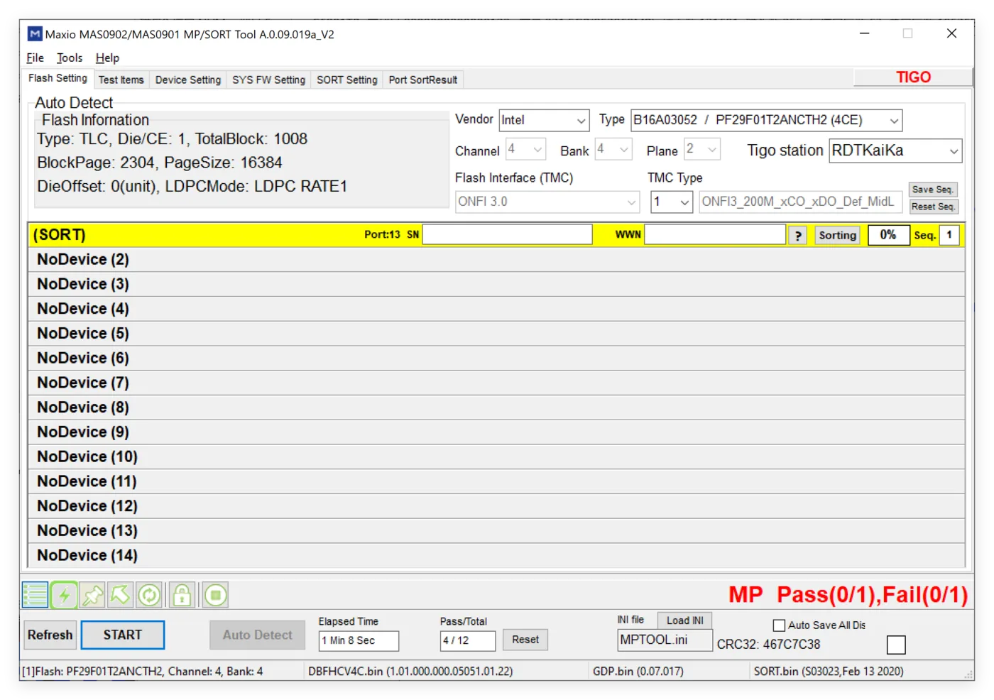 Auto Detect：Vendor=Intel, PN=PF29F01T2ANCTH2, TLC, 4CH×4CE
