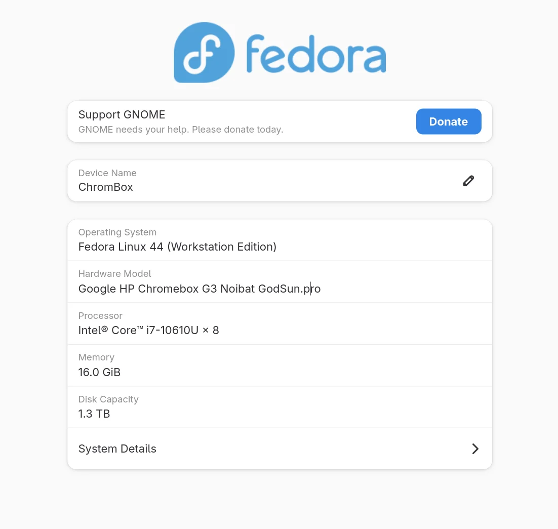 Chromebox G3 刷机后实机运行 Fedora 44