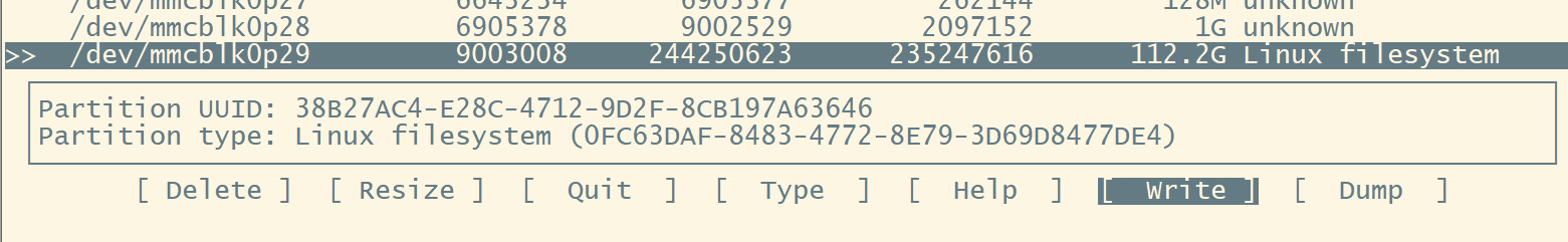 cfdisk write 后的分区表